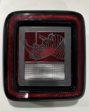 Load image into Gallery viewer, Rhinocero Rhino Dinosaur in 3D - Black Jeep Wrangler JK/JKU/JL Rear Tail Light Covers (2019-2024) non Led Version - Gone Fishing
