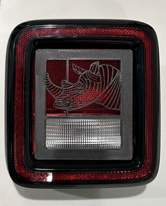 Rhinocero Rhino Dinosaur in 3D - Black Jeep Wrangler JK/JKU/JL Rear Tail Light Covers (2019-2024) non Led Version - Gone Fishing