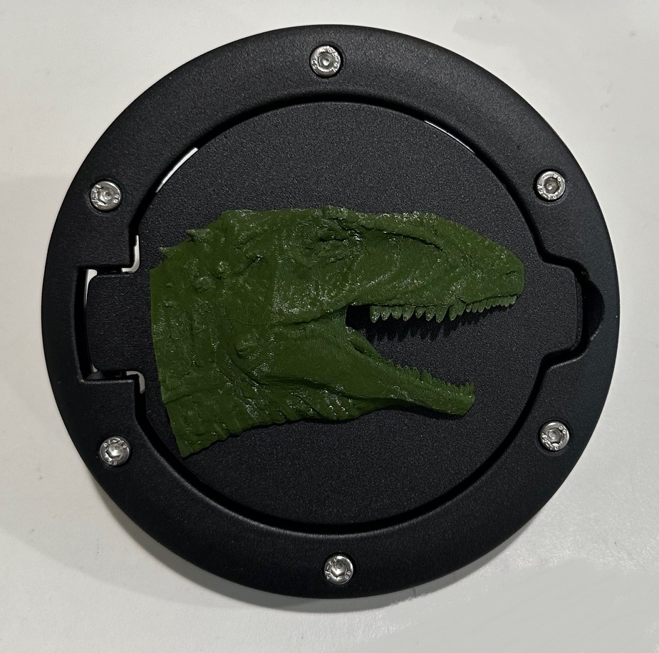 T- Rex Tyrannosaurus Rex in 3D - Black with Army Green Jeep Wrangler JK/JKU Flag Gas Cap Cover - Dinosaur