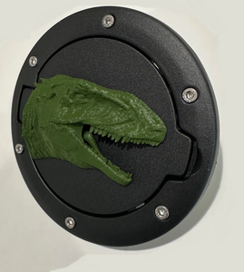 T- Rex Tyrannosaurus Rex in 3D - Black with Army Green Jeep Wrangler JK/JKU Flag Gas Cap Cover - Dinosaur