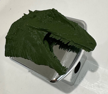 Load image into Gallery viewer, Tyrannosaurus Rex T-Rex Full Head in 3D - 2 inch Trailer Hitch Cover Chrome w Army Green - Dinosaur
